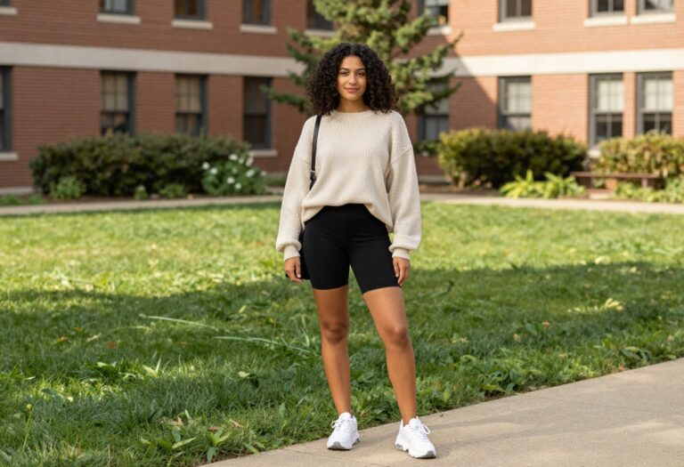 College outfit idea with oversized sweater and biker shorts on campus