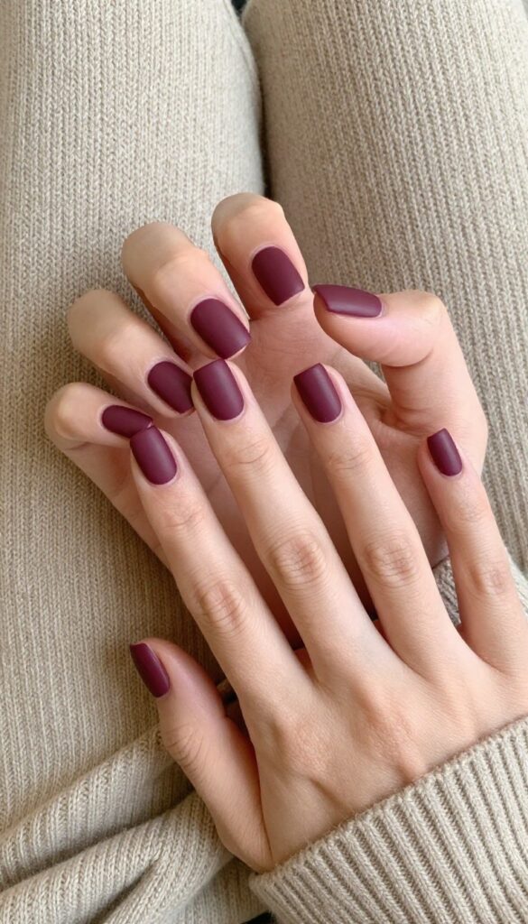 Smoky plum matte nails on square medium length hands resting on a cozy sweater
