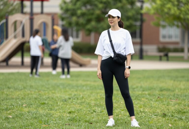 Mom in leggings and sneakers at school sports day