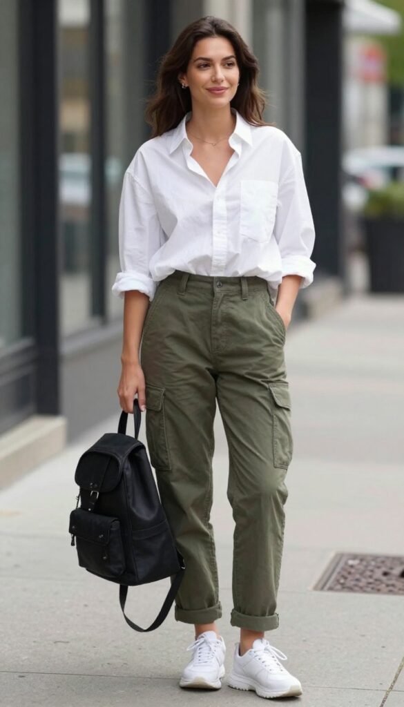 4. Oversized Button-Down Shirt with Cropped Cargo Pants