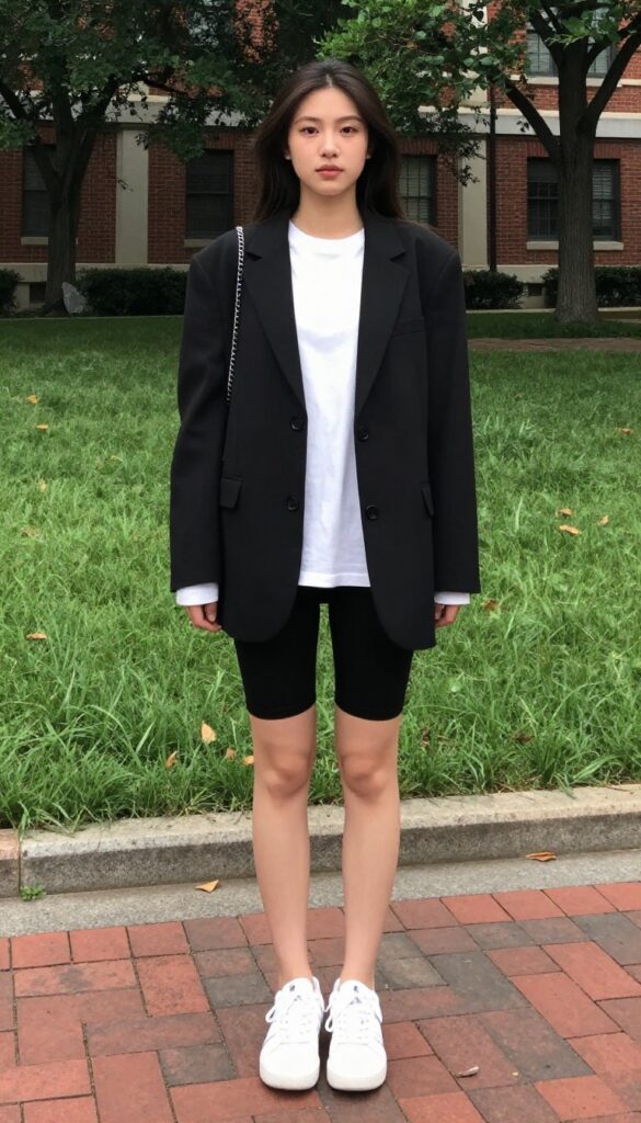10. Long-Sleeve Tee, Bike Shorts, and an Oversized Blazer