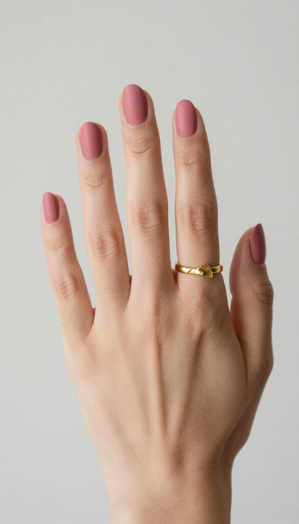 Dusty rose matte nails with gold leaf accent on ring finger