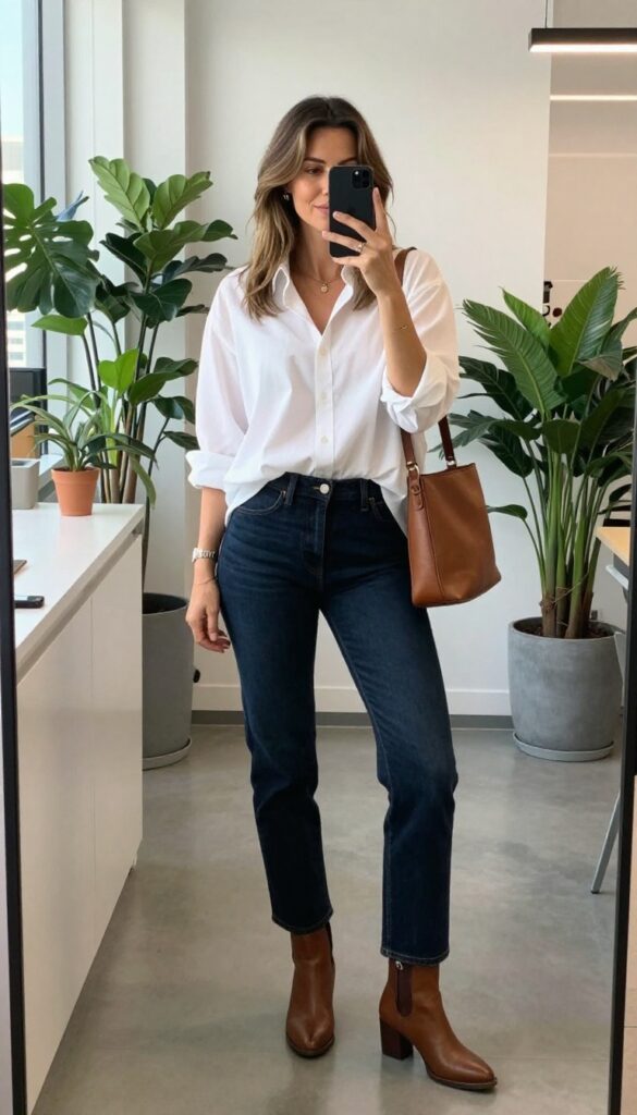 4. Button-Down Shirt + Dark Wash Jeans + Ankle Boots