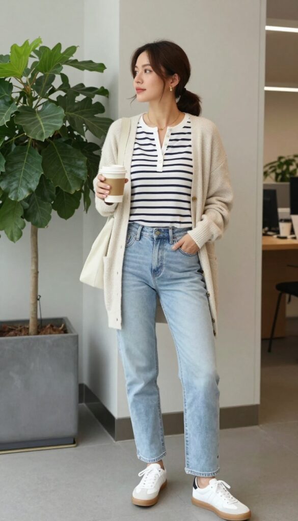 10. Layered Tees + Cardigan + Wide-Leg Jeans