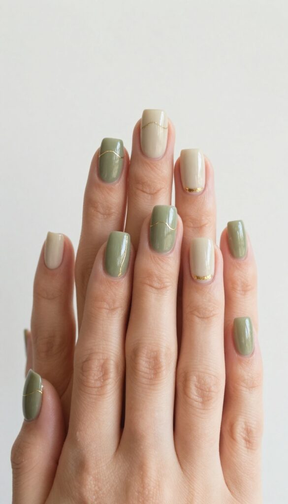 Square medium nails in olive green with gold foil accents