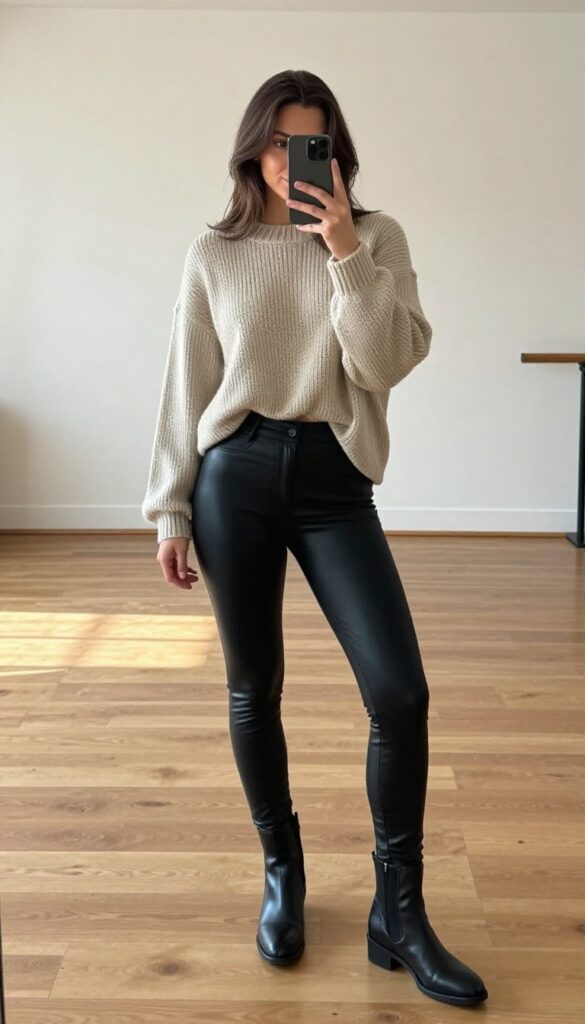 5. The Layer-Up for Cold Studios: Faux Leather Leggings + Chunky Knit Sweater + Ankle Boots