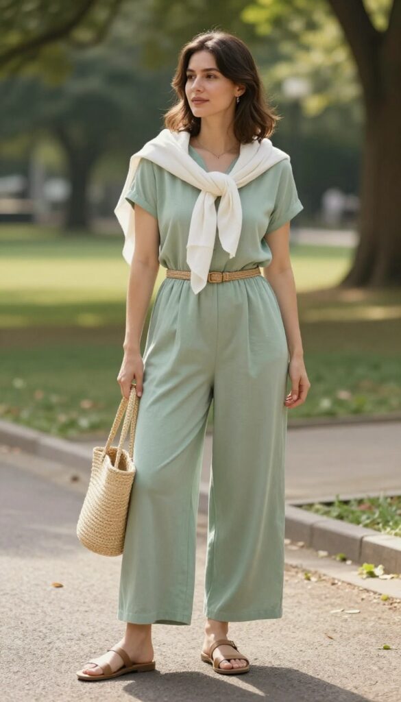 13. Soft Jumpsuit with a Lightweight Scarf and Belt