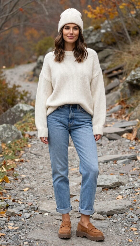 4. Chunky Knit Sweater + Straight-Leg Jeans