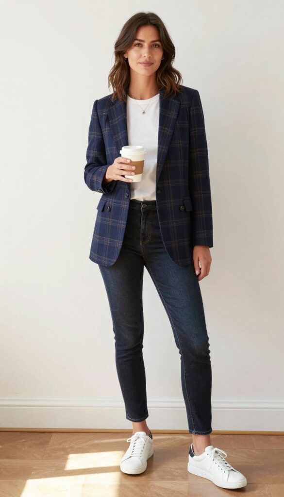 2. Plaid Blazer With Dark Wash Jeans