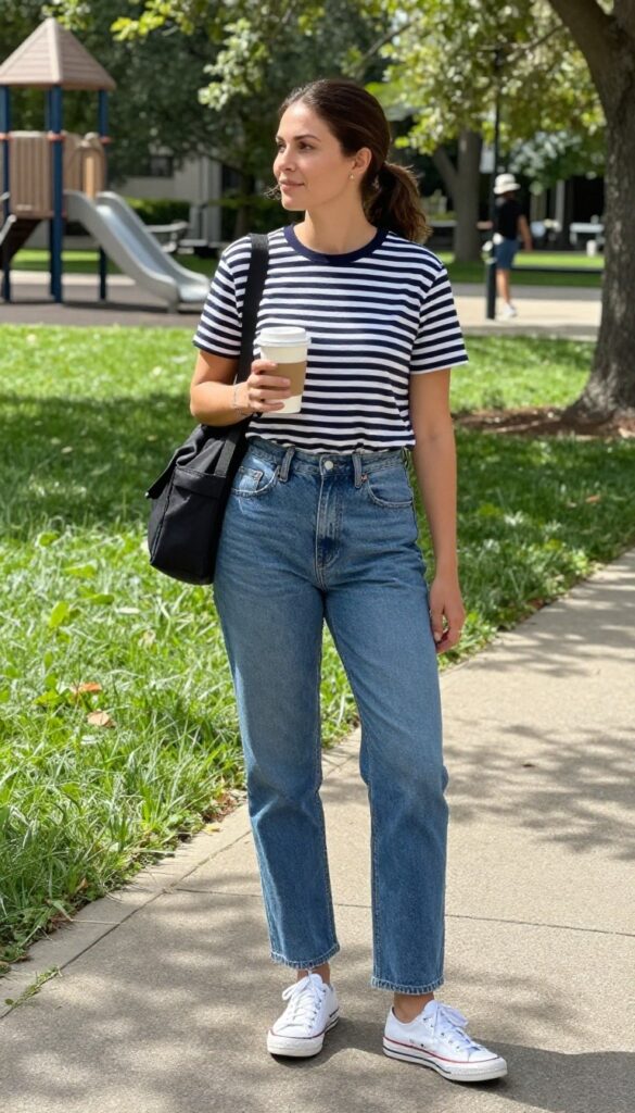 3. Straight-Leg Jeans + Striped Tee + Slip-On Sneakers