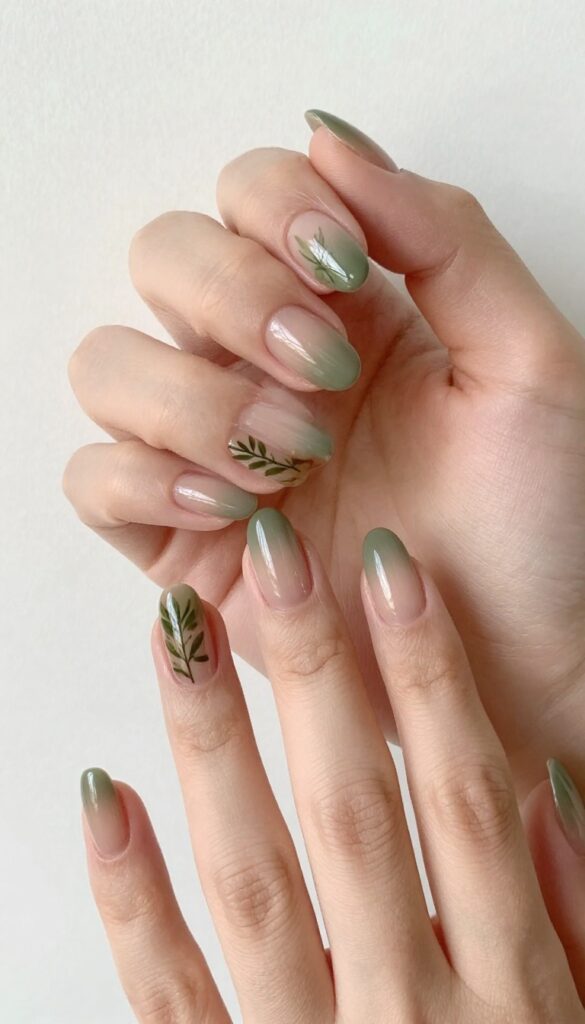 Olive branch ombré nails with nude base and olive green tips on almond-shaped nails