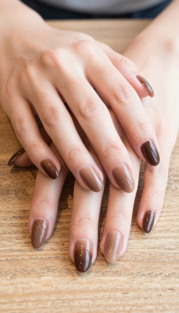 Mocha swirl ombré nails on medium almond shape, dark espresso to milk chocolate gradient, warm autumn manicure