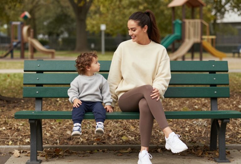 Toddler mom in leggings and sweatshirt at park with child