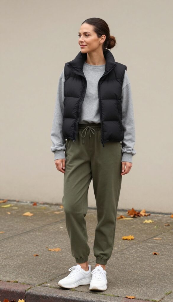 11. Puffer Vest with a Long-Sleeve Tee and Joggers