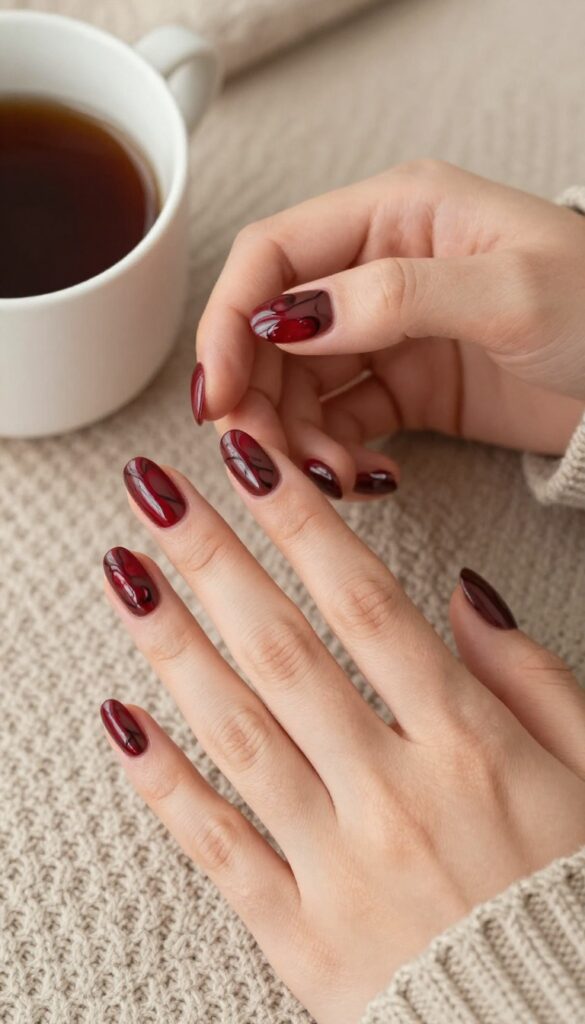 Short almond nails with chocolate cherry swirl design and glossy finish