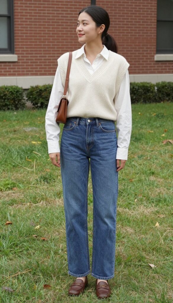 7. Sweater Vest with Button-Down and Straight Jeans