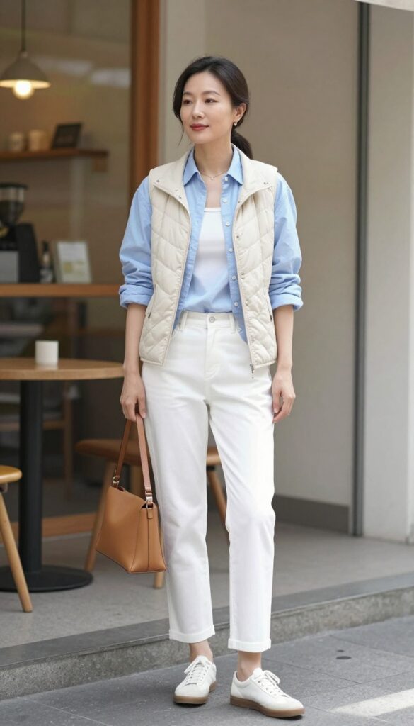 3. Pastel Blue Button-Down + Beige Vest + White Cropped Pants