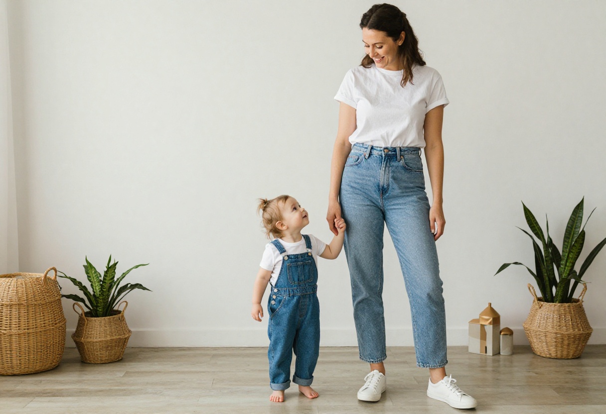 Mom and baby girl wearing matching denim and white outfits, standing in a cozy living room.