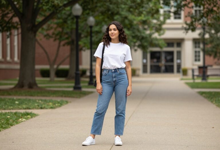 Young woman in white tee and straight-leg jeans with sneakers on a college campus