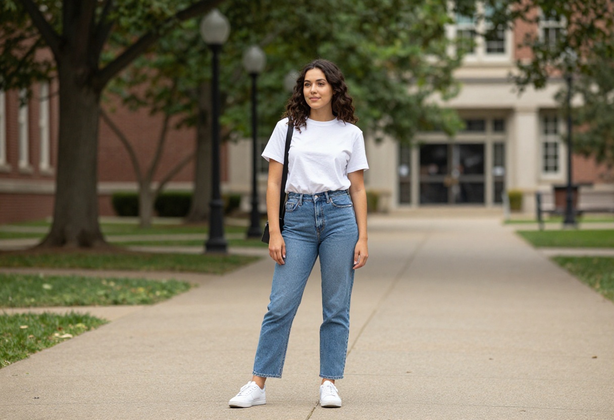Young woman in white tee and straight-leg jeans with sneakers on a college campus
