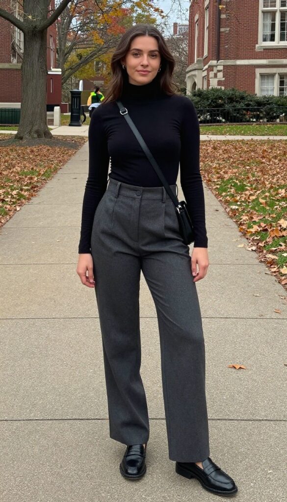 5. Turtleneck with High-Waisted Trousers and Loafers