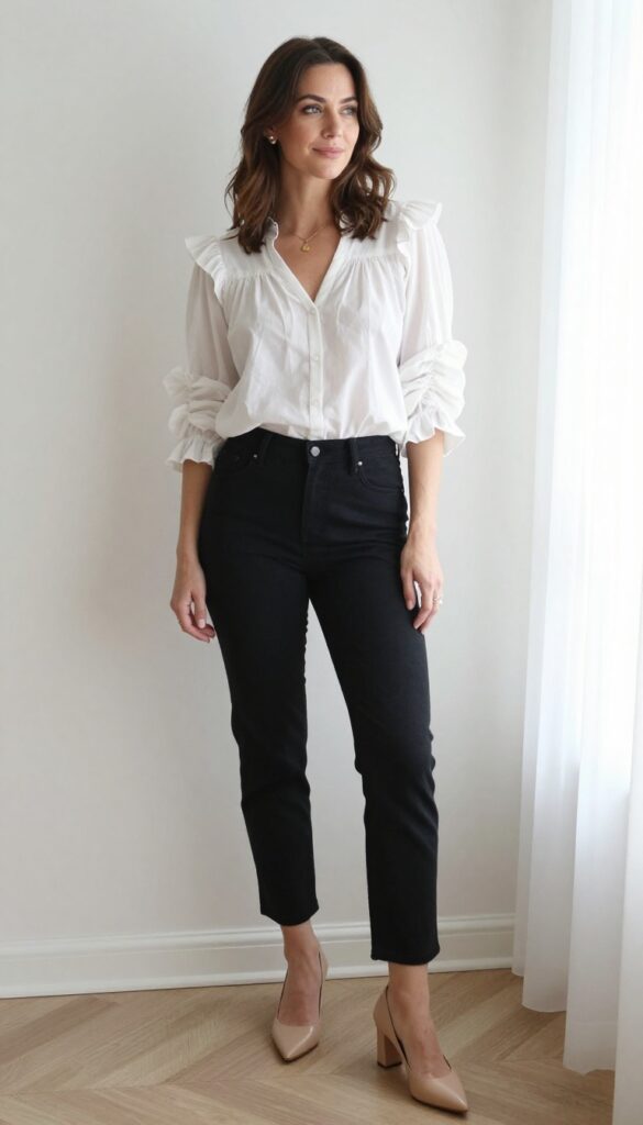 13. Blouse & Cigarette Pants with Heels