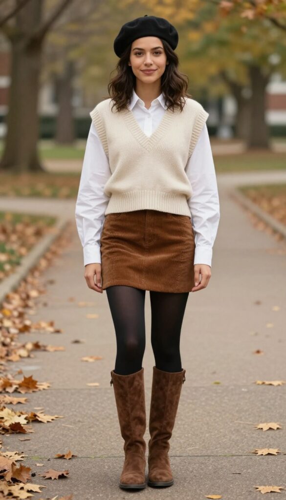 7. Knit Vest over a Button-Down with Corduroy Skirt