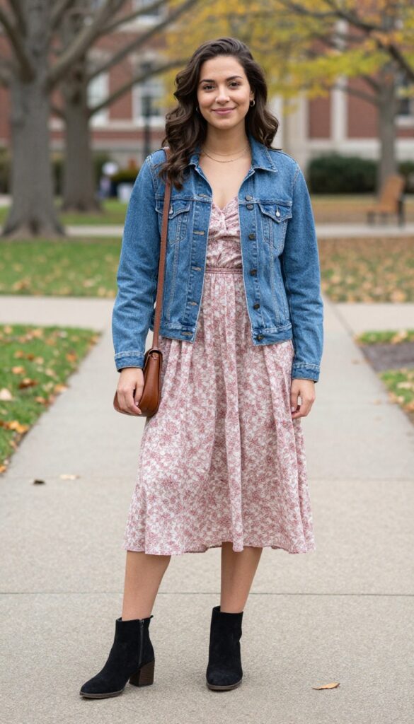 3. Denim Jacket + Floral Midi Dress + Ankle Boots