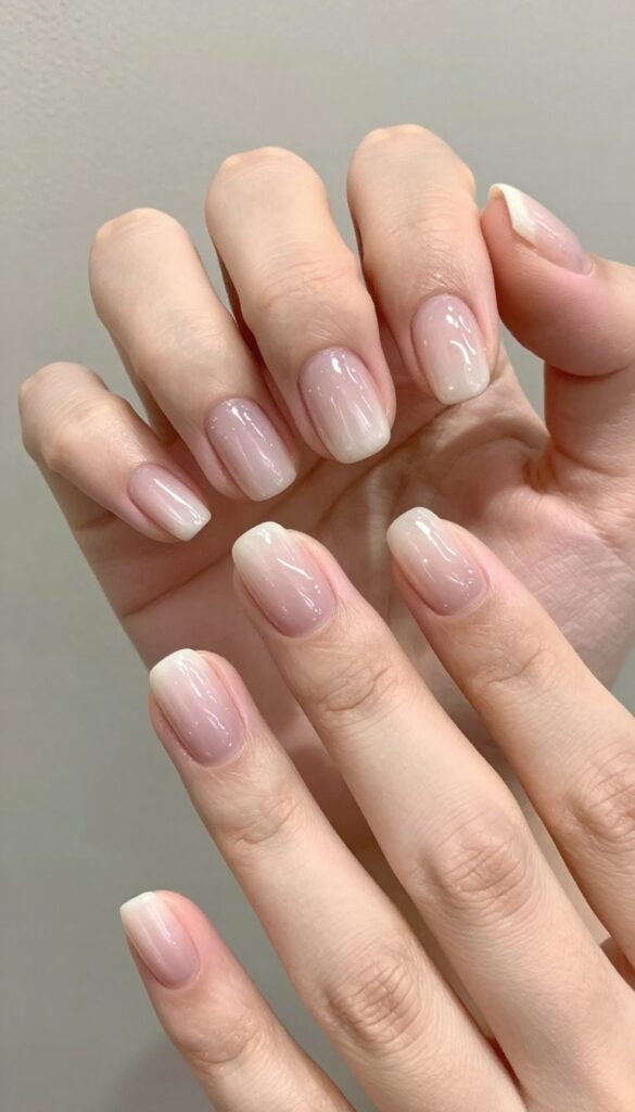 Glazed donut short nails with glossy pearl finish on squoval shape