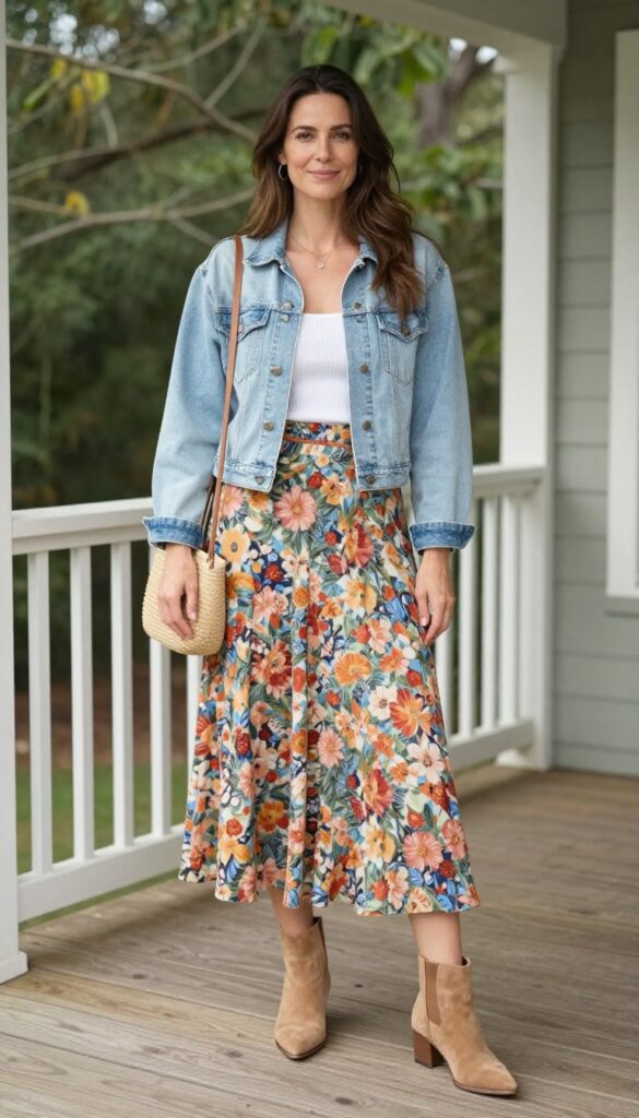 4. Maxi Skirt + Knit Tank + Denim Jacket + Ankle Boots
