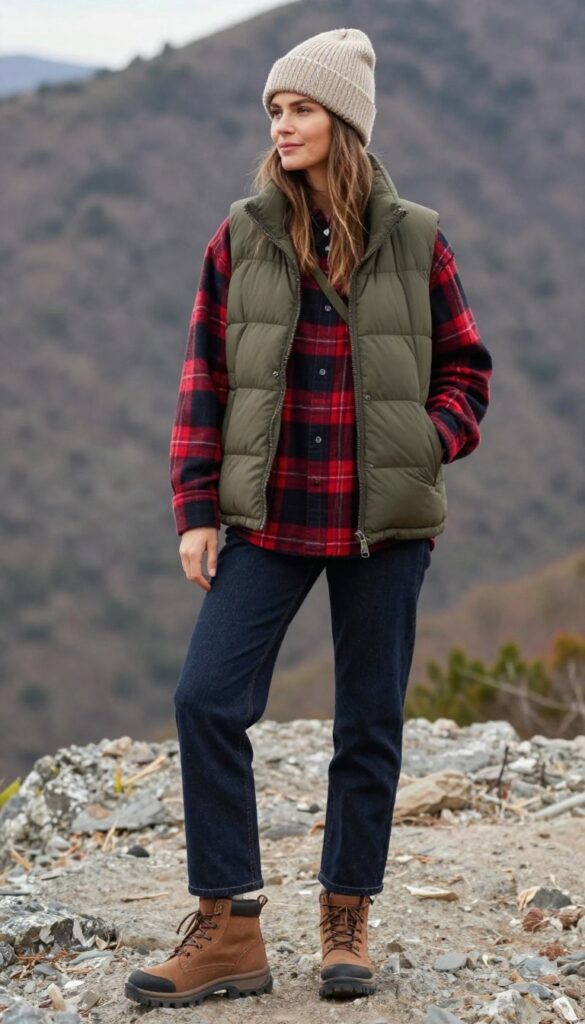 14. Puffer Vest + Flannel + Jeans