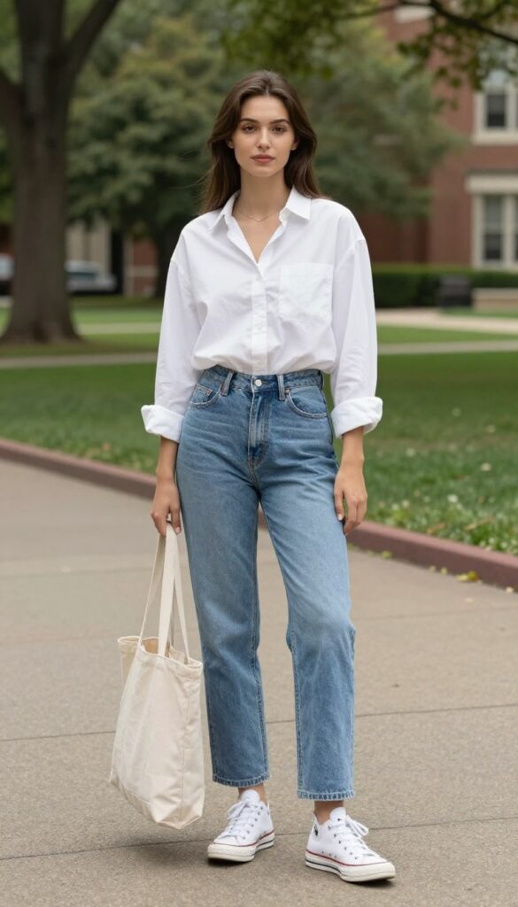 10. Button-Down Shirt with Mom Jeans and Converse
