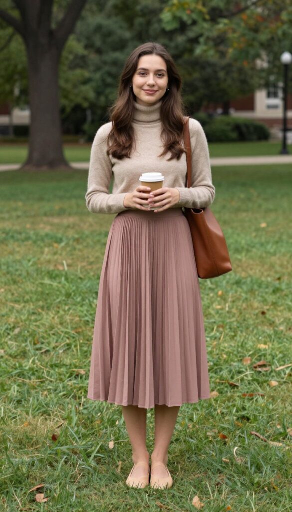 6. Cashmere-Blend Turtleneck with Pleated Midi Skirt