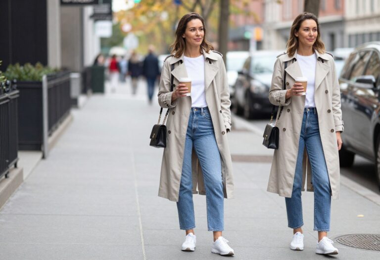 Mom wearing trench coat, white tee, jeans, and sneakers in a city setting