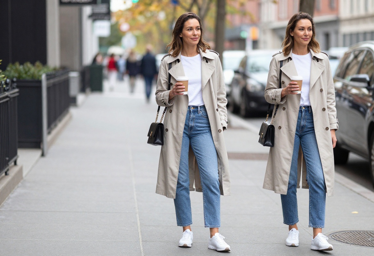 Mom wearing trench coat, white tee, jeans, and sneakers in a city setting