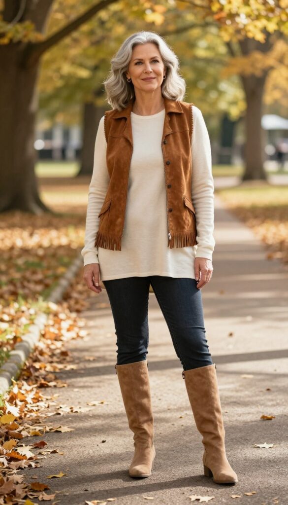 4. Suede Fringe Vest over a Tunic