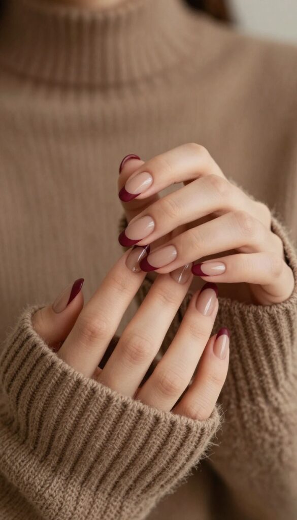 Matte berry French tip nails on a woman's hands
