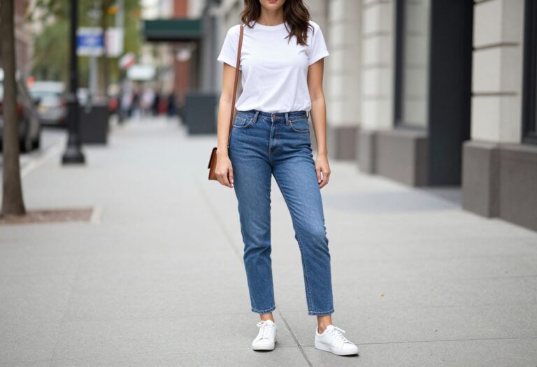 Woman in white tee, straight-leg jeans, and white sneakers on a city street