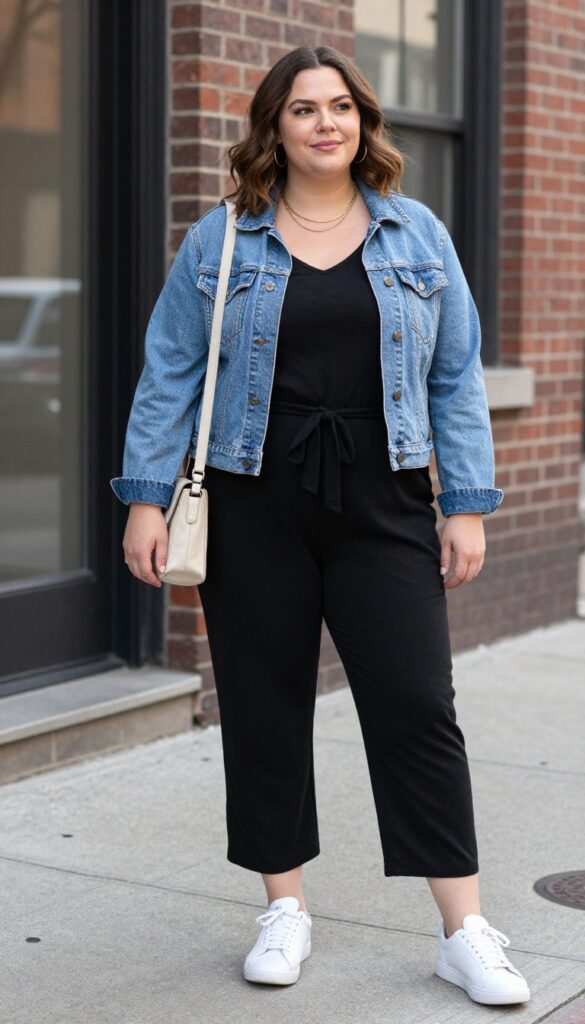 11. Jumpsuit + Denim Jacket + Sneakers
