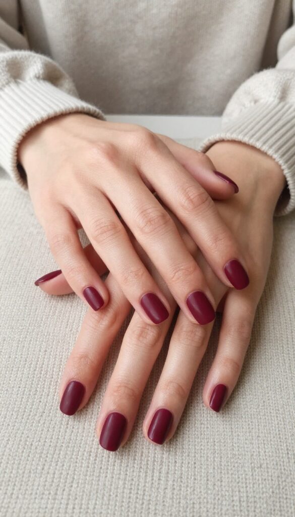 Matte berry nail polish on short squoval nails