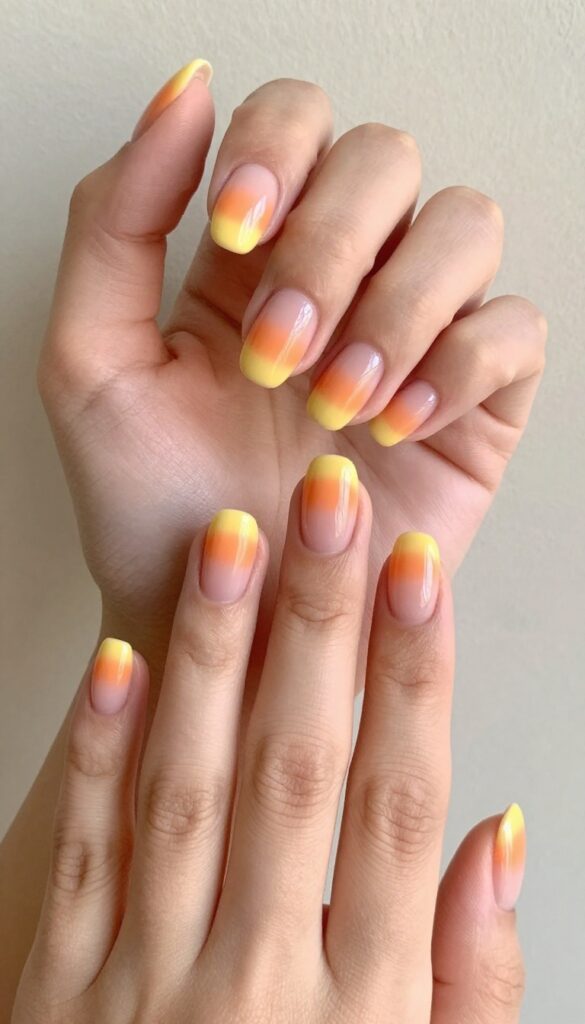 Candy corn gradient nails with white, orange, and yellow colors on short round nails