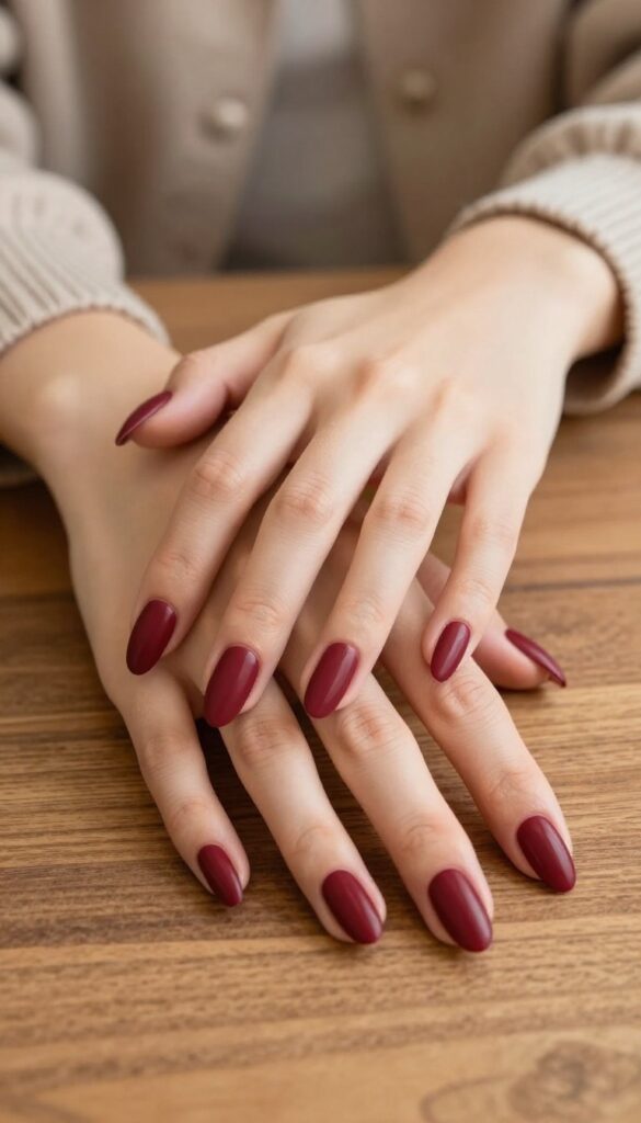 Matte burgundy almond nails on a woman's hands