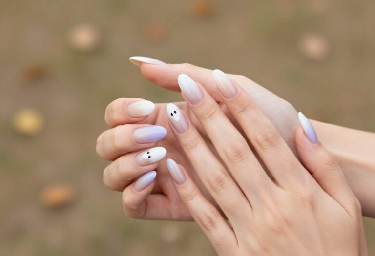 Ghostly gradient ombre nails with ghost faces for Halloween