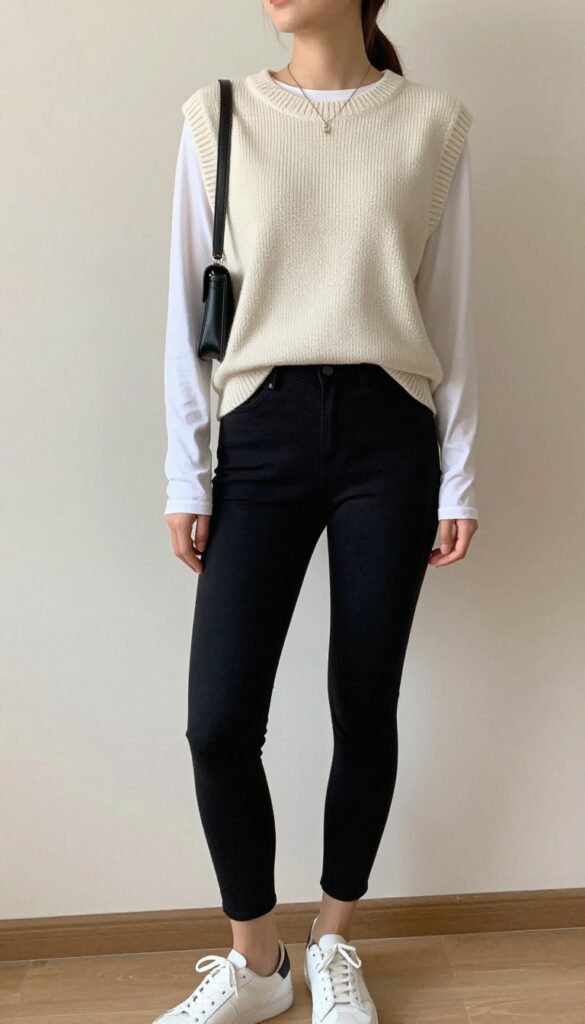 4. Knit Vest + Long-Sleeve Tee + Slim-Cropped Pants