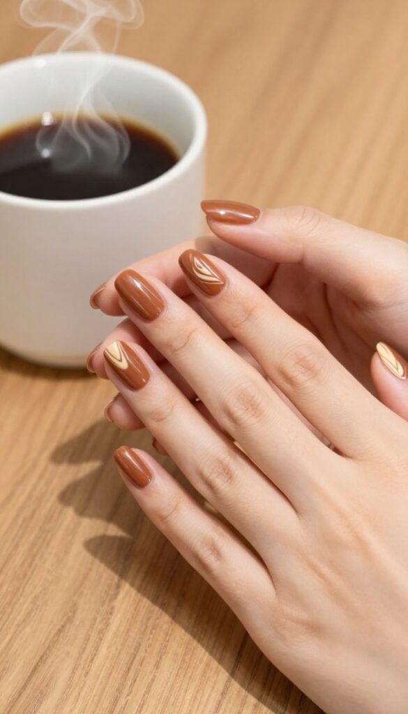 Mocha swirl almond nails with cream latte art swirls on brown base, fall manicure