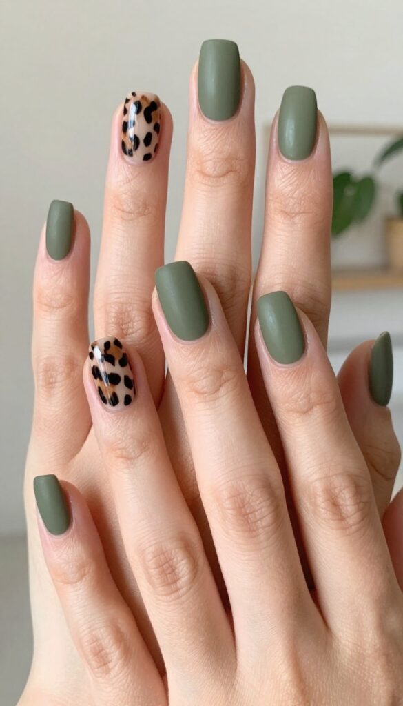 Olive green nails with leopard print accent nail