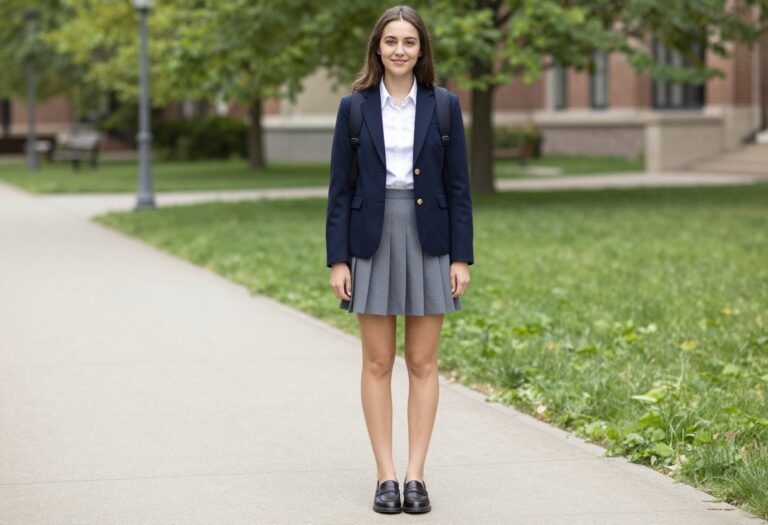Young woman in school uniform with blazer, pleated skirt, and loafers on campus
