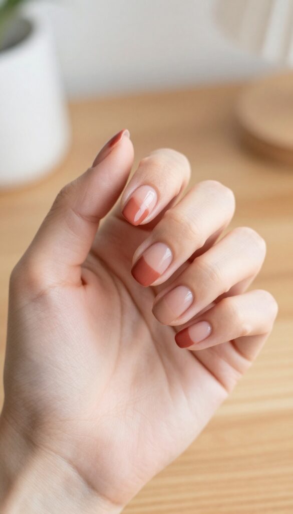 Muted terracotta French tip nails on short natural nails with matte finish