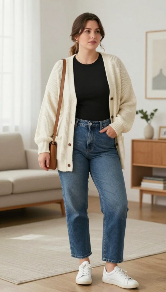 1. Oversized Cardigan + Fitted Tee + Straight-Leg Jeans