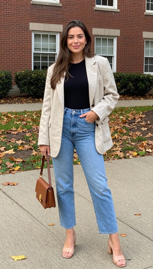 11. Bodysuit + High-Waisted Jeans + Blazer + Heeled Mules